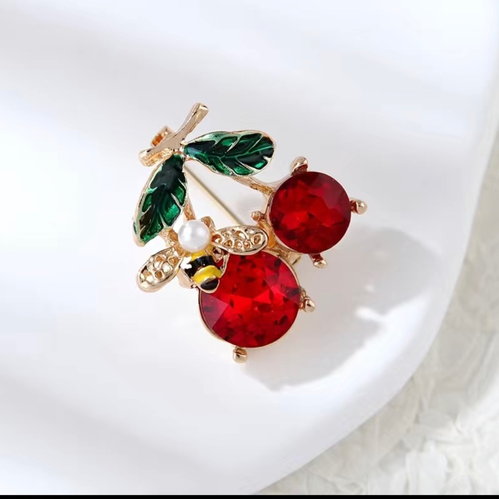 NWT - Spring & Summer Cherry and Bee Rhinestone & Enamel Brooch